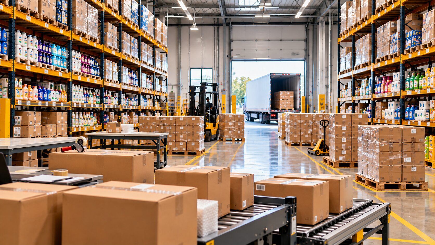 Organized distribution center with stocked racking, palletized freight, and a truck at the loading dock