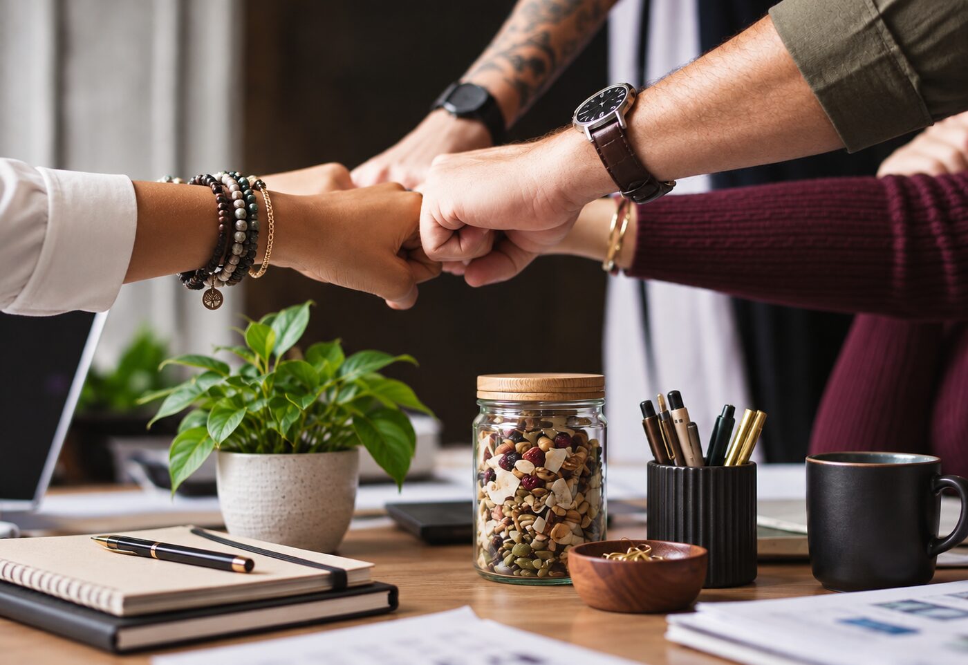 Business partners joining fists over a meeting table