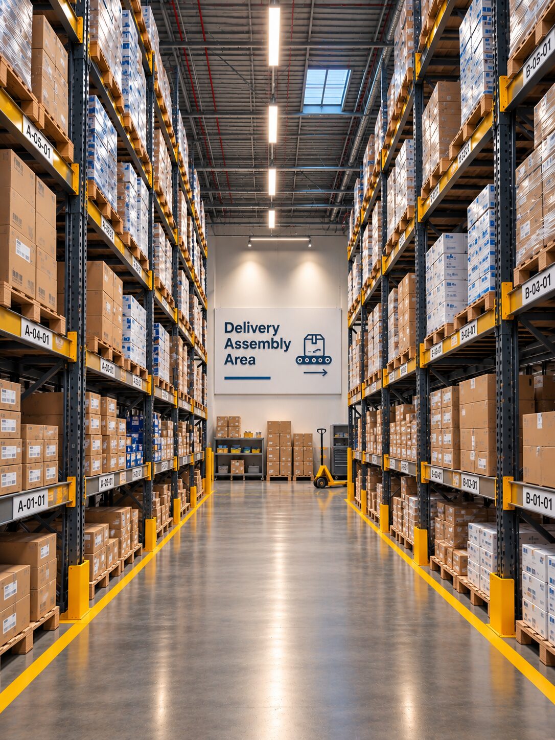 Organized distribution center aisle with labeled pallet racking leading to the delivery assembly area