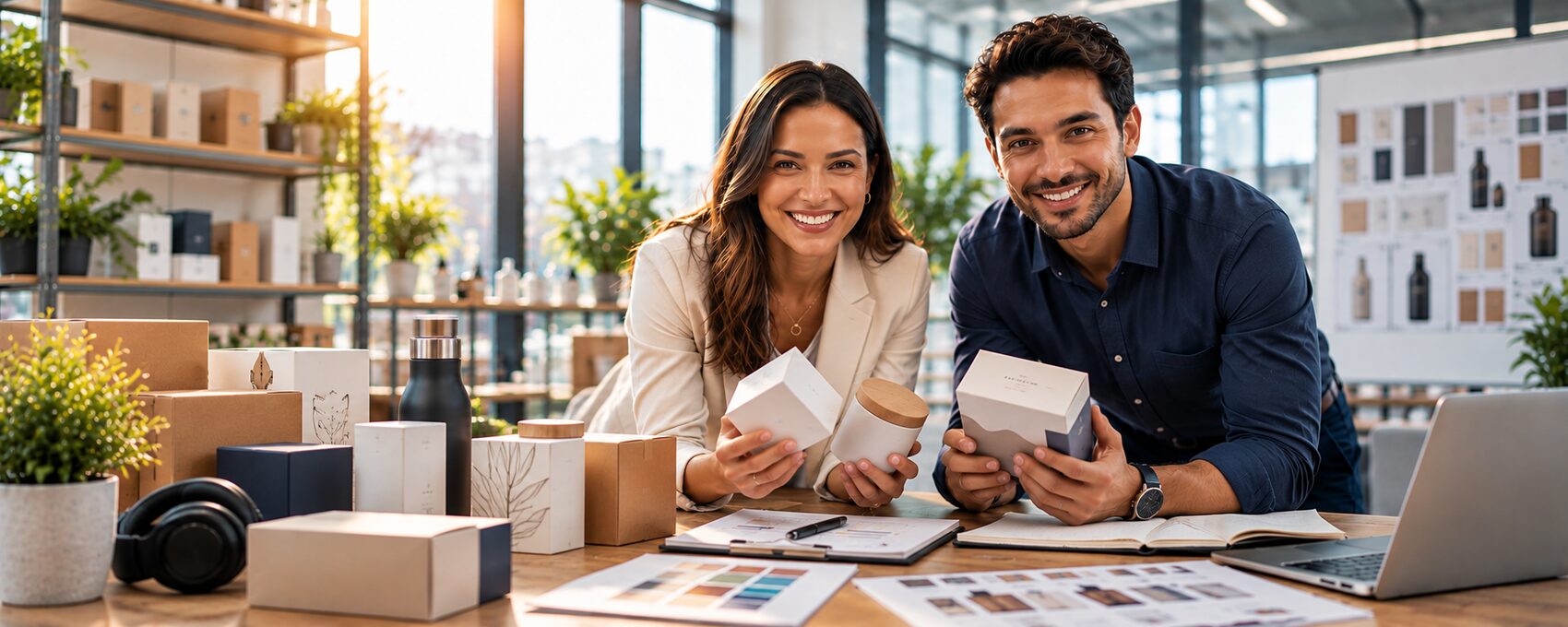 Two partners reviewing product packaging samples at a work table