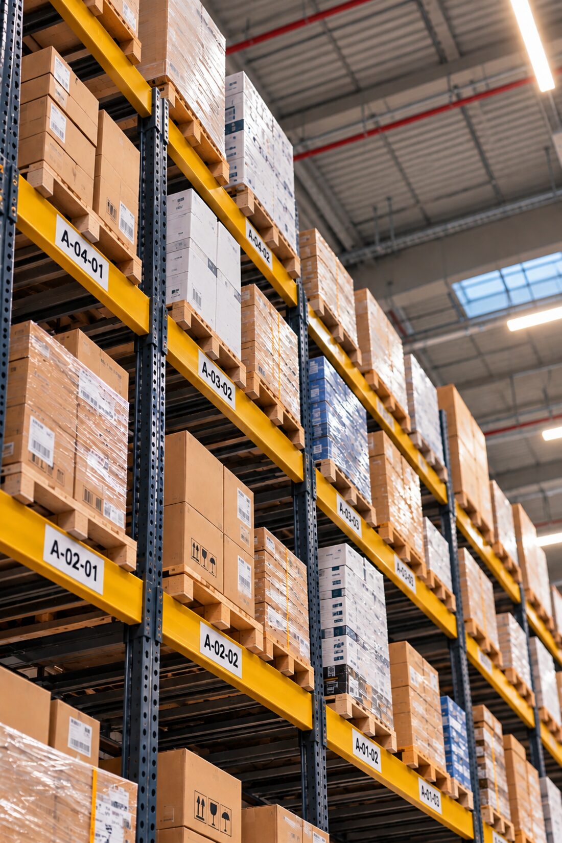 Pallet racking with labeled locations and stocked cartons