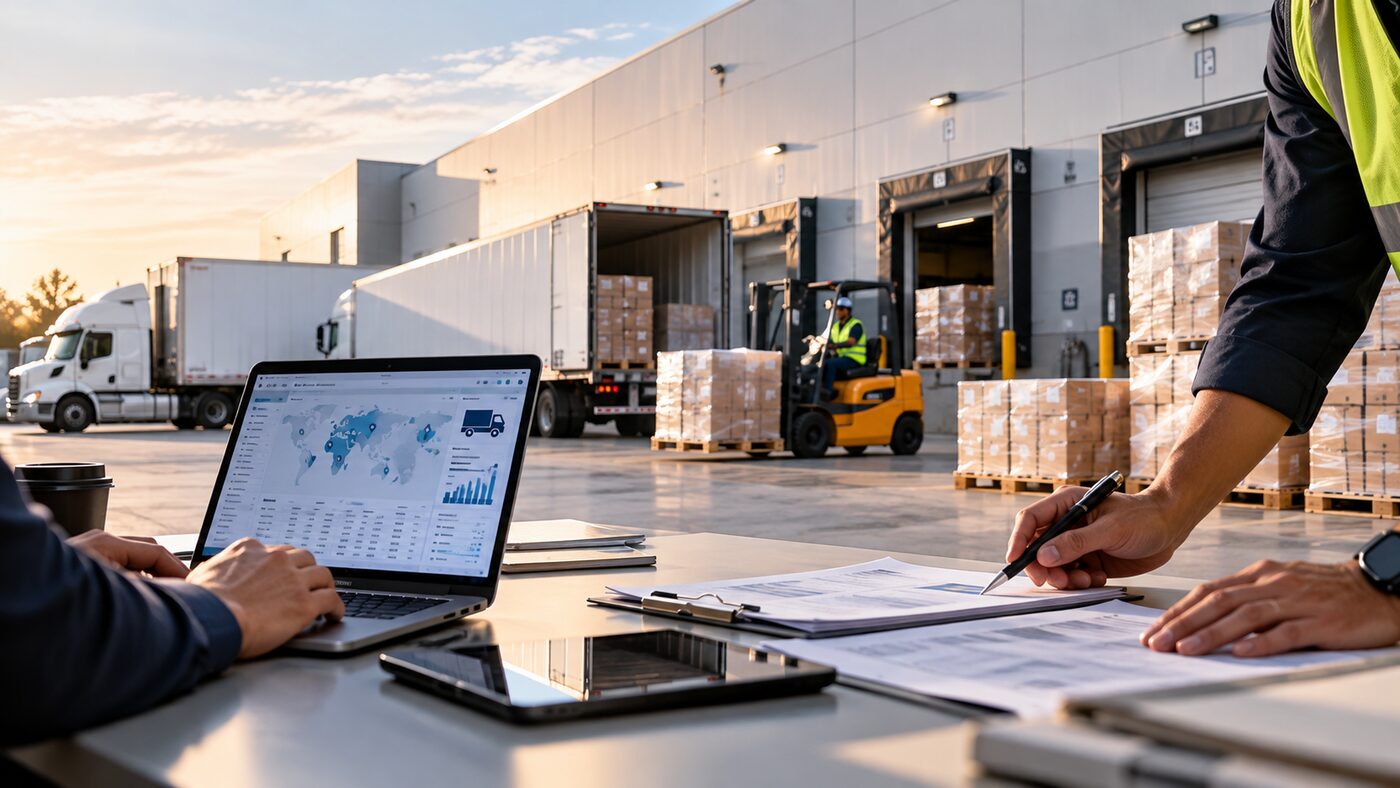 Team coordinating shipments at a distribution center loading dock