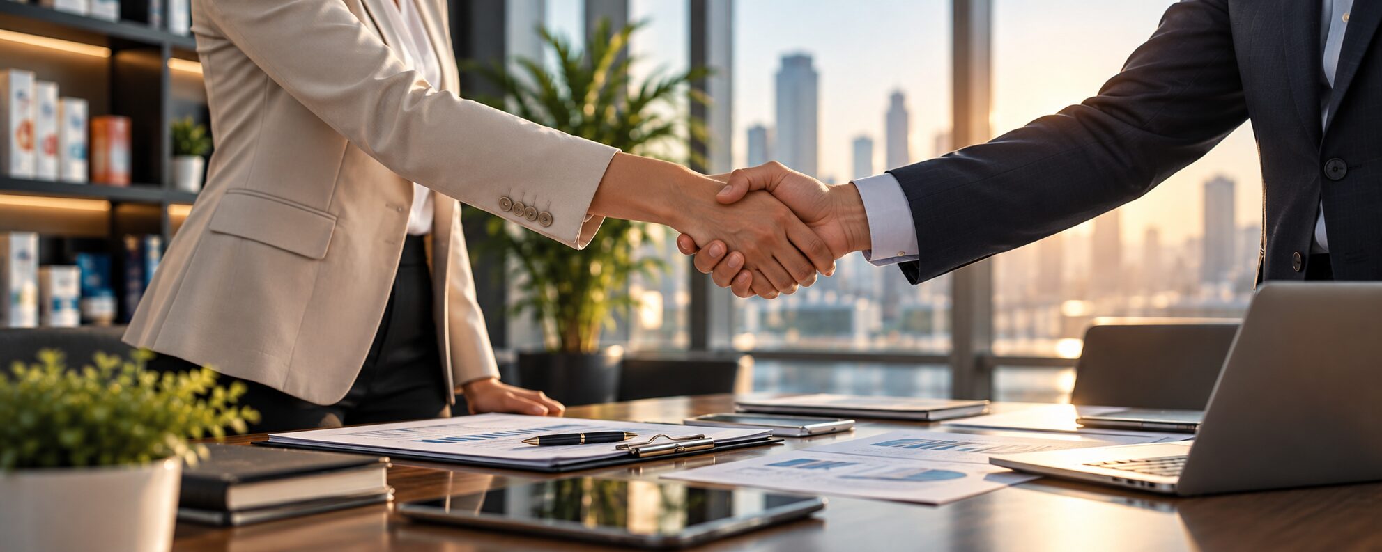 Two business partners shaking hands across a meeting table in a modern office